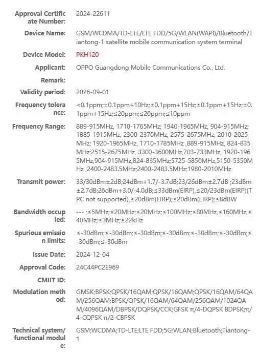 Oppo Find X8 Ultra radio certification details image