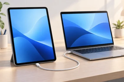 -Illustration of an iPad connected to a laptop with a USB cable.