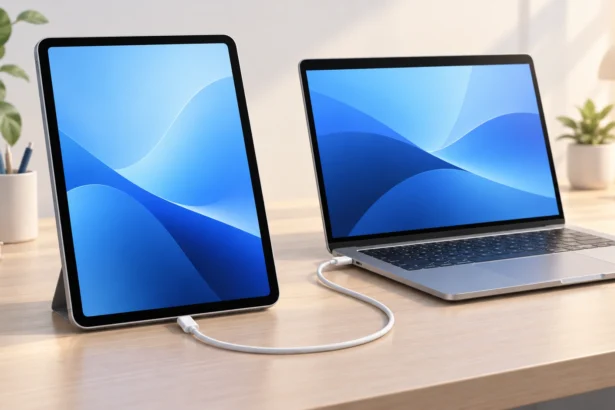 -Illustration of an iPad connected to a laptop with a USB cable.