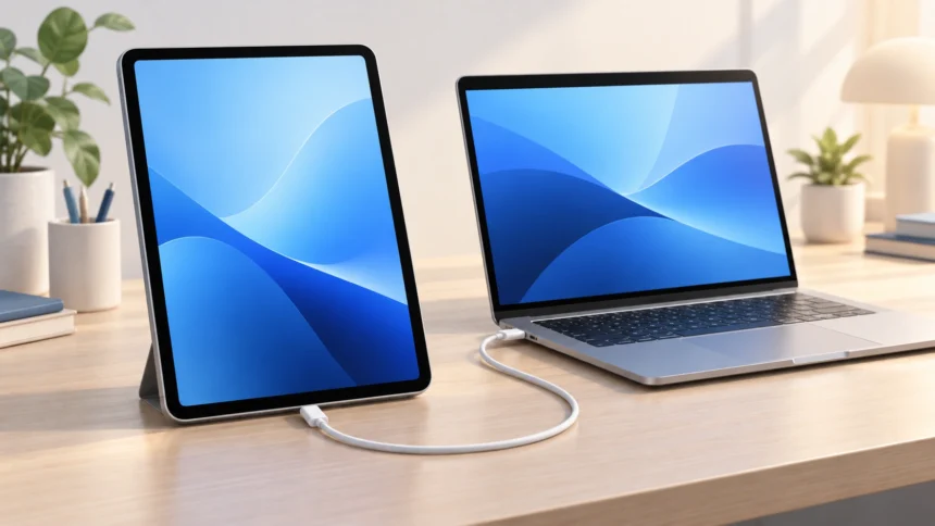 -Illustration of an iPad connected to a laptop with a USB cable.